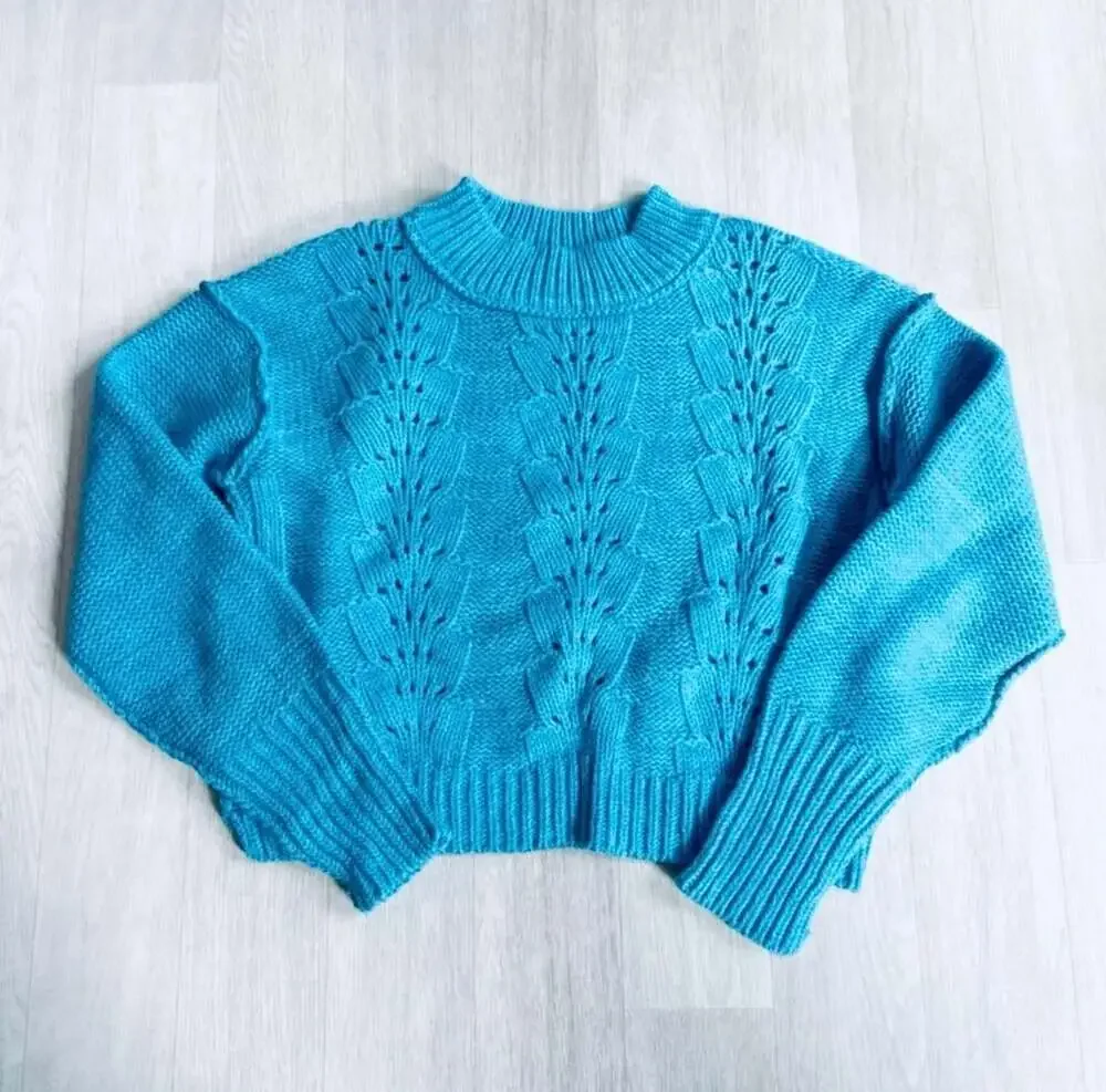 NWT Free People Bell Song Teal Cropped Ribbed Pullover Sweater Size S